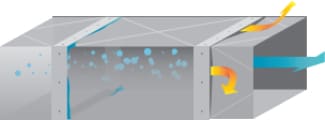 A graphic of an air duct with blue bubbles coming out.